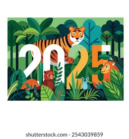 A 2025 New Year calendar with a serene forest scene as the backdrop. The calendar features tall, lush green trees under soft sunlight filtering through the branches, creating a peaceful, natural atmos