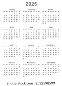 2025 new year calendar vector design for print (eps). vector 2025 calendar design. simple calendar	