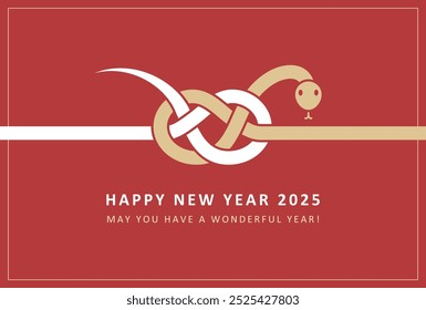 2025 New year card design. Cute snake of Japanese Mizuhiki style with red background.