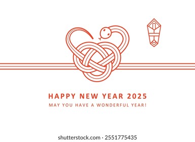 2025 New Year Card design. Snake shaped Mizuhiki. Mizuhiki is Japanese celebrate ribbon. 2025 is Snake year.