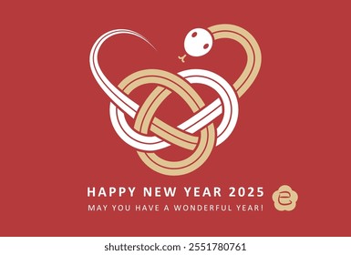 2025 Nuevo año de diseño de la tarjeta. Serpiente en forma de Mizuhiki. Mizuhiki es una cinta de celebración japonesa. 2025 es el año de la serpiente. Sello kanji de flores significa año de la serpiente.