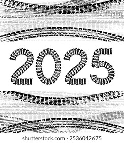 2025 new year card with tire wheel marks of cars. Vector illustration