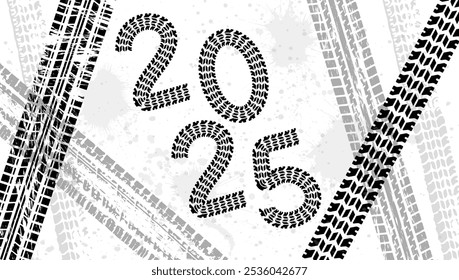 2025 new year card with tire wheel marks of cars. Vector illustration