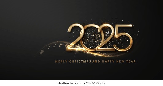 2025 New Year celebrate banner featuring dazzling and shimmering golden glitter. Christmas Holiday vector illustration