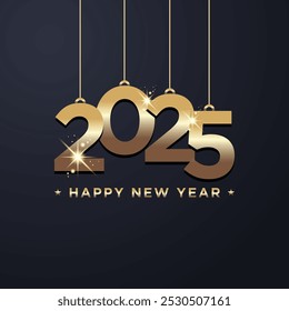 2025 New Year celebrate banner background with hanging golden font glitter. Christmas Holiday vector illustration