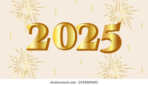 2025 New Year Celebration Design with Fireworks on Background. Vector illustration