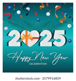 The 2025 New Year celebration design features festive elements such as confetti, decorative streamers and symbolic gifts, evoking a joyful holiday atmosphere. Flat vector modern illustration