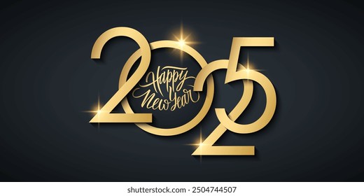 2025 New Year celebration festive banner. Hand lettering greetings Happy New Year and golden Christmas ball. Black and gold colors. Vector illustration.