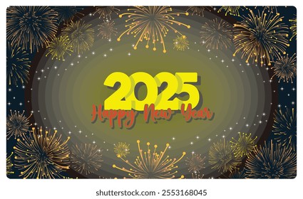 2025 New Year celebration greeting card. Festive fireworks party on New Year's Eve. Happy New Year 2025 concept. Flat vector illustration.