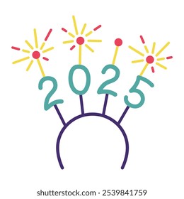 2025 new year celebration. Hairband with sparklers in cartoon flat style design element. Vector illustration