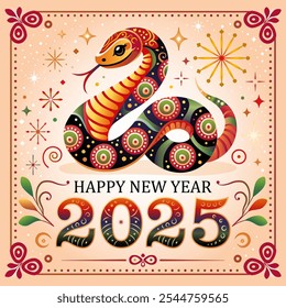 2025 New Year Celebration with Ornamental Snake Design. Year of the Snake. Festive New Year illustration for 2025 featuring a beautifully decorated snake in vibrant red, green, and gold tones