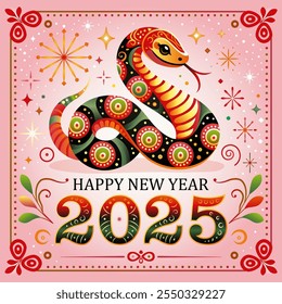 2025 New Year Celebration with Ornamental Snake Design. Festive New Year vector illustration for 2025 featuring a beautifully decorated snake in vibrant red, green, and gold tones