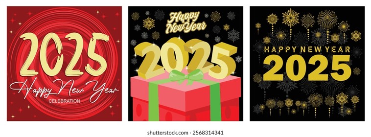 2025 New Year celebration party. Festive New Year party with gift boxes. Celebrate New Year's Eve with fireworks. Happy New Year 2025 concept. Set flat vector illustration.