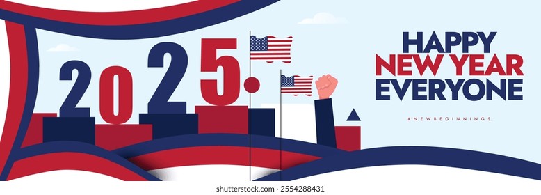 2025 New year celebration in USA. Happy new year 2025 wishing banner with USA flags, hand fist in air, modern art elements. Celebrations in United States of America to welcome new beginnings.