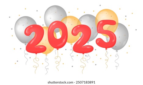 Ilustración vectorial de celebración del Año Nuevo 2025. Números de globos y confeti. Globos de helio dorados y plateados de estilo plano. Dígitos inflables en las cuerdas. 
