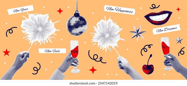 2025 New Year. Champagne glass or sparkler in hand. Halftone retro sticker. Xmas toasts poster. Funny newsprint arms. Cool vintage celebration. Happy smile lips. Vector greeting card newspaper design