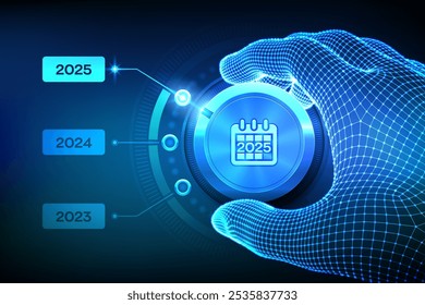 2025 new year change. Switch levels knob button on 2025. Wireframe hand setting calendar button on 2025 year position. Happy new year. New Year is coming concept. Vector illustration.