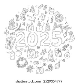2025 New Year and Christmas Banner. Happy new Year and Merry Christmas doodle circle composition. Hand drawing festive vector illustration. Holiday greeting postcard