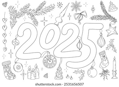 2025 New Year and Christmas Banner. Happy new Year and Merry Christmas doodle composition. Hand drawing festive vector illustration. Holiday greeting postcard design