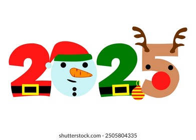 2025 New Year - Christmas greeting typography, with Santa hat, deer, and snowman. Holiday quote, decoration for your calendar, print, sticker or greeting card. 3D Illustration