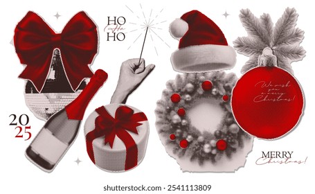 2025 New year and Christmas halftone collage paper elements set. Cut out of magazine hand with sparkler, goft box, red bows paper stickers. Vector illustration