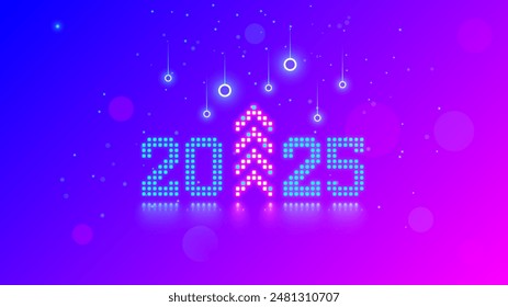 2025 New Year and Christmas in tech style. 20 25 digits consist of neon dots or pixels. 2025 New Year card digital technology. 2025 text with Christmas tree at up arrow. 2025 design card or calendar. 