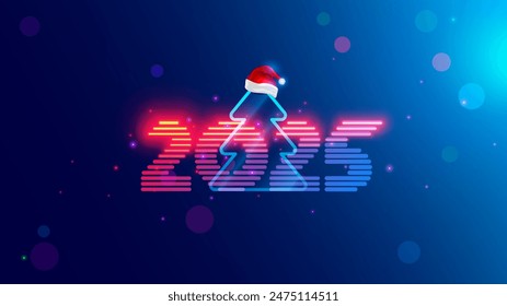 2025 new year. Christmas tree with digital number year in neon light. Celebration banner in computer cyberpunk technology style. Christmas party event poster in tech cyber decoration. 2025 on blue.