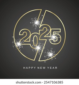 2025 new year of clean renewable energy continuous golden line shape typography logo emblem in circle design concept with sparkle firework on black background