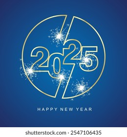 2025 new year of clean renewable energy continuous golden line shape typography logo emblem in circle design concept with sparkle firework on blue background