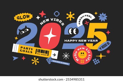 2025 New year colorful text. Shape geometric trendy element party. Groovy design Y2k style.