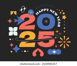 2025 New year colorful text. Shape geometric trendy element party. Groovy design Y2k style.