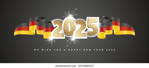 Plantilla de diseño conceptual de año Nuevo 2025 con brillo dorado 2025 frente en la cinta de bandera ondulada roja negra amarilla de Alemania. Vector de diseño premium 2025 con fuegos artificiales de brillo ligero aislados sobre fondo negro