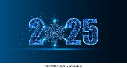 2025 New Year concept with glowing 2025 digits and snowflake symbol on dark blue background. Winter festive design, modern celebration, and elegant seasonal style. Glowing abstract vector illustration