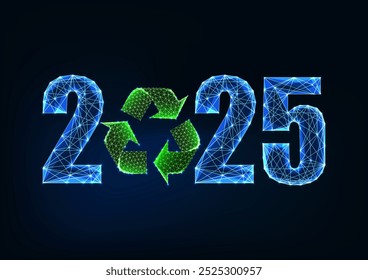 Conceito de Ano Novo 2025 com símbolo de reciclagem brilhante no fundo azul escuro. Design ecológico, foco em sustentabilidade, inovação moderna, impacto ambiental. Ilustração de vetor abstrato brilhante.