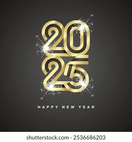 2025 New Year continuous abstract ribbon. Abstract golden black ribbon flag in the shape of 2025 logo with sparkle firework. New Year concept greeting card