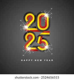 2025 New Year continuous Belgium ribbon. Abstract black yellow red flag of Belgium in the shape of 2025 logo with sparkle firework. New Year concept greeting card