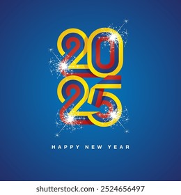 2025 New Year continuous Colombia ribbon. Abstract yellow blue red flag of Colombia in the shape of 2025 logo with sparkle firework. New Year concept greeting card