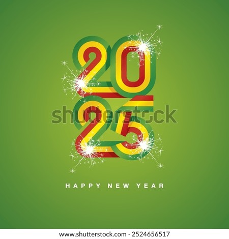 2025 New Year continuous Ethiopia ribbon. Abstract green yellow red flag of Ethiopia in the shape of 2025 logo with sparkle firework. New Year concept greeting card