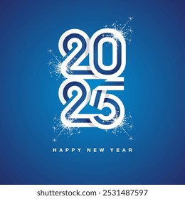 2025 New Year continuous Finland ribbon. Abstract white blue flag of Finland in the shape of 2025 logo with sparkle firework. New Year concept greeting card