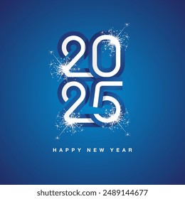 2025 New Year continuous Greece ribbon. Abstract white blue flag of Greece in the shape of 2025 logo with sparkle firework. New Year concept template.ai