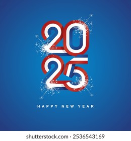 2025 New Year continuous Netherlands ribbon. Abstract red white blue flag of Netherlands in the shape of 2025 logo with sparkle firework. New Year concept greeting card