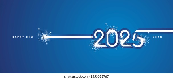 2025 Ano Novo fita contínua na forma de 2025. Bandeira branca azul abstrata da Grécia na forma de logotipo 2025 com fogos de artifício cintilantes para calendário, banner, cartaz, post nas redes sociais