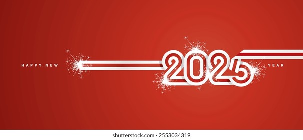 2025 New Year continuous ribbon in the shape of 2025. Abstract white red flag of England in the shape of 2025 logo with sparkle firework for calendar, banner, poster, social media post