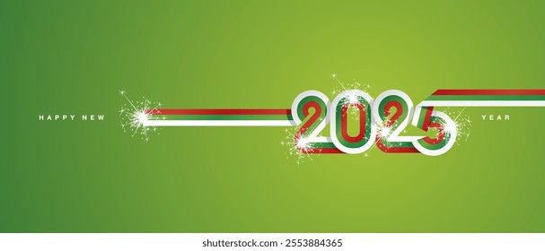 2025 New Year continuous ribbon in the shape of 2025. Abstract white green red flag of Bulgaria in the shape of 2025 logo with sparkle firework for calendar, banner, poster, social media post