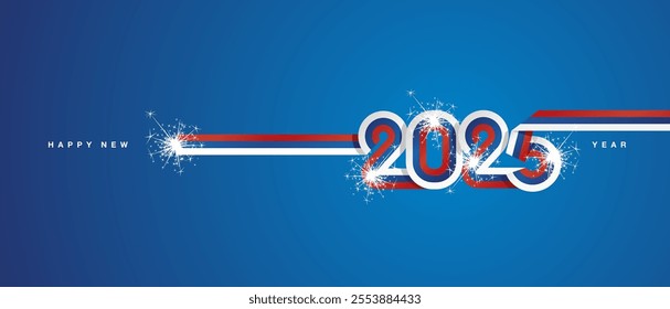 2025 New Year continuous ribbon in the shape of 2025. Abstract white blue red flag of Slovakia in the shape of 2025 logo with sparkle firework for calendar, banner, poster, social media post