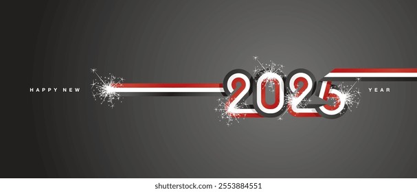 2025 New Year continuous ribbon in the shape of 2025. Abstract red white black flag of Egypt in the shape of 2025 logo with sparkle firework for calendar, banner, poster, social media post