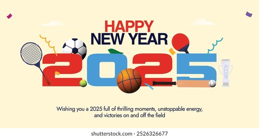 2025 Anuncio de portada de año Nuevo. Feliz año nuevo 2025 Anuncio de celebración con diferentes equipos deportivos: baloncesto, raquetas, fútbol. 