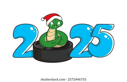 2025 New Year. Cute snake with santa claus hat on a hockey puck with flat blue number. Symbol of the New Year. Cartoon style. Vector illustration. 