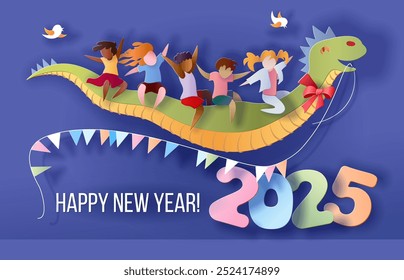 2025 New Year design card with kids flying on snake on purple background. Vector paper art illustration. Paper cut and craft style. 2025 year of the snake.