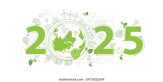 2025 Nuevo año, respetuoso del medio ambiente, concepto de planificación de sostenibilidad con globo e iconos de garabatos verdes del medio ambiente del mundo sobre fondo blanco, Ilustración vectorial